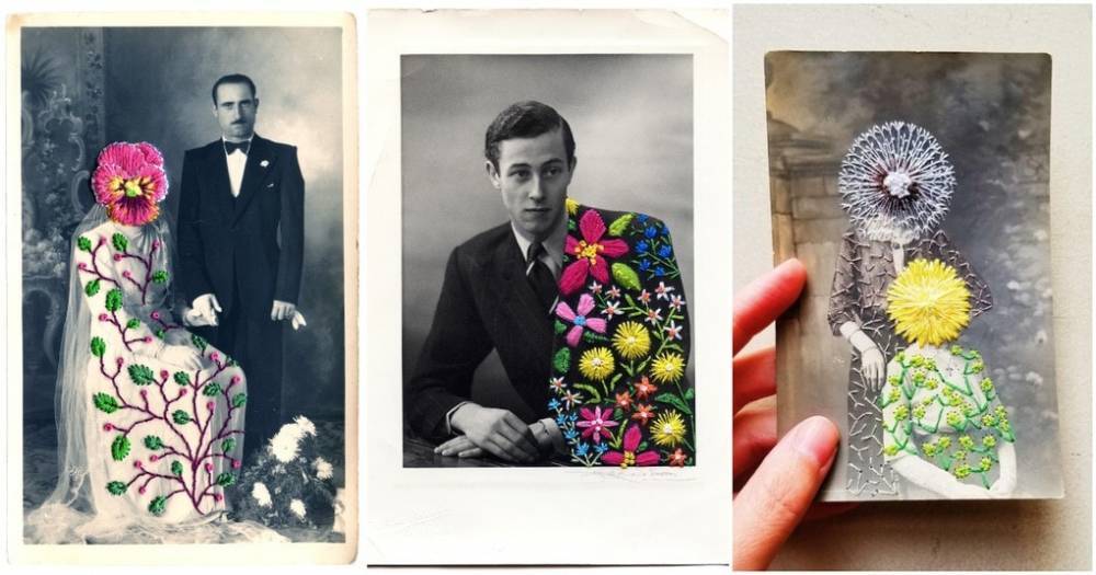 Художница дарит новую жизнь старым черно-белым фотографиям с помощью яркой вышивки - cpykami.ru