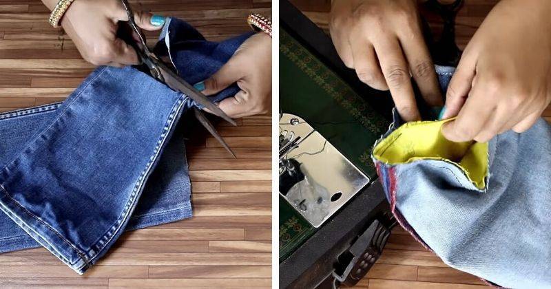 Режем джинсы и сшиваем с тканью. Полезная вещица для дома - cpykami.ru