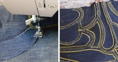 Остатки джинсов от предыдущих работ рукодельница бережливо собирала и сшила для себя чудесную, красивую вещицу - cpykami.ru