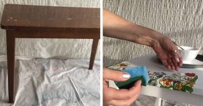 Старенький, но крепкий стол не выбрасывайте. Прикупите салфетки с красивым рисунком и преобразите стол - cpykami.ru
